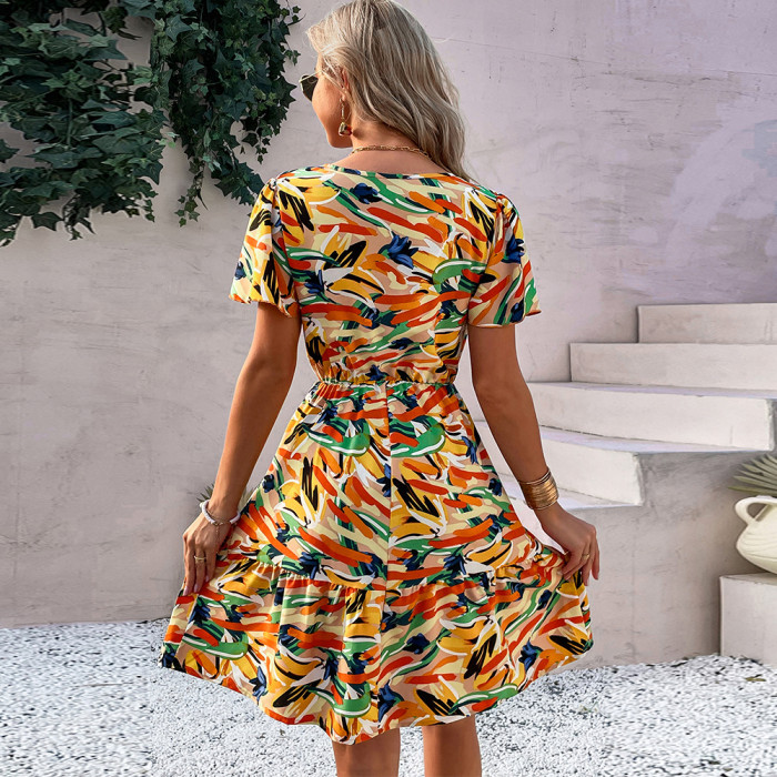 European And American Print Temperament Waist Mini Dress