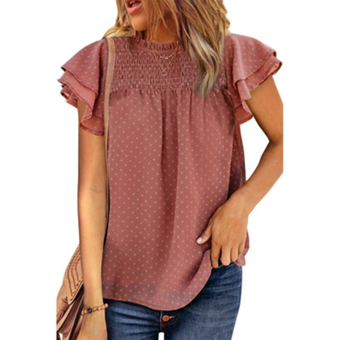 Women's Summer New Solid Color Chiffon Shirt Loose Round Neck Pullover Short-Sleeved Top T-shirt