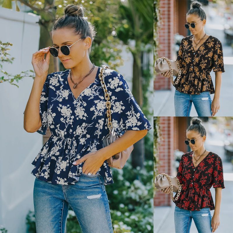 Women's Spring and Summer New Short Sleeve V-neck Floral Chiffon Shirt