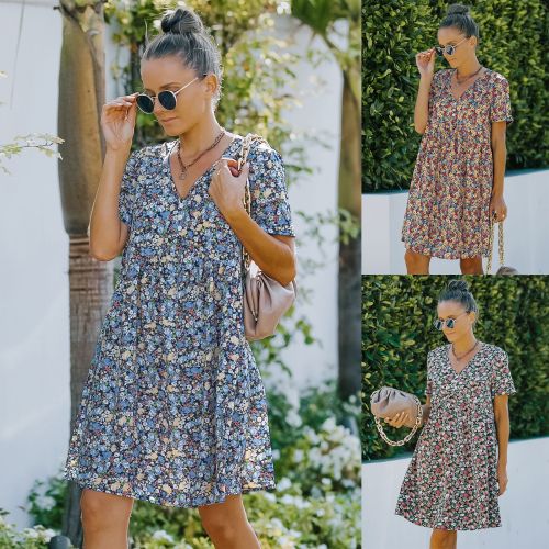 Ladies Print Short Summer Dress Women Casual V Neck Sleeve Slim Mini Dress