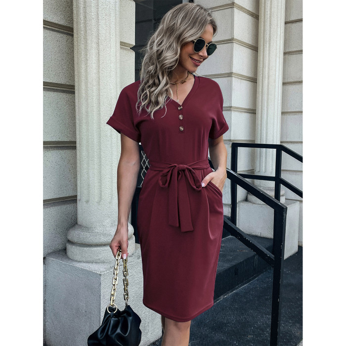 Spring and Summer New Fashion Women's V-neck Solid Color Short Sleev Casual Dress
