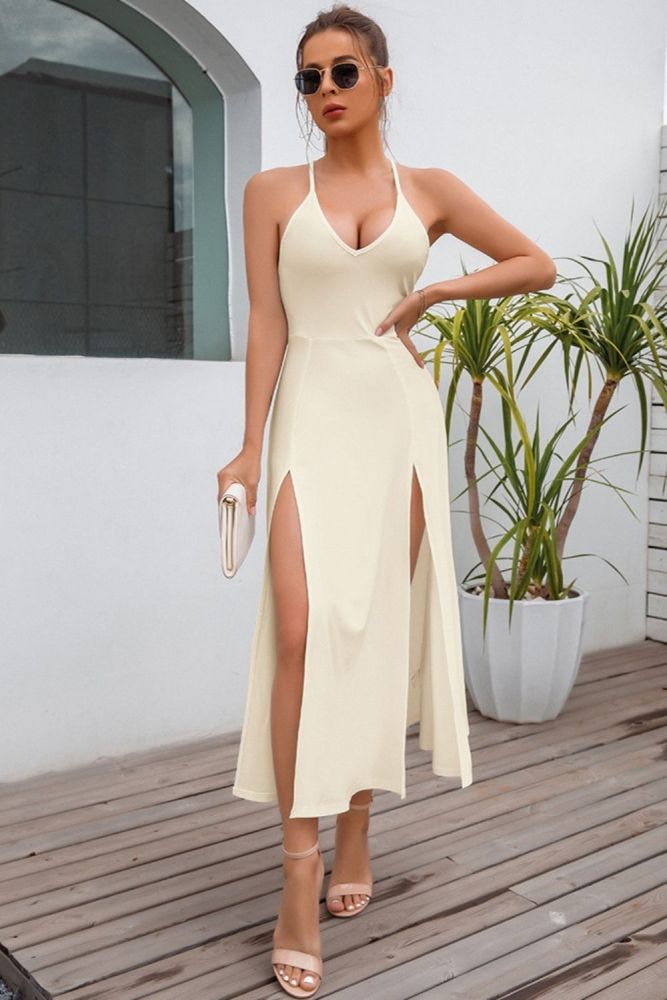 Women's Summer Sexy Backless Camisole High Waist Slit Bodycon Dresses