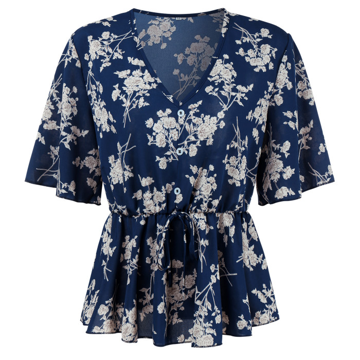 Women's Spring and Summer New Short Sleeve V-neck Floral Chiffon Shirt