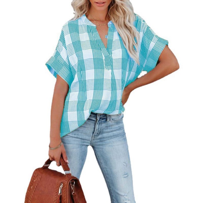 Spring and Summer New Plaid Short-Sleeved Shirt V-neck Loose Casual T-shirt Top Women