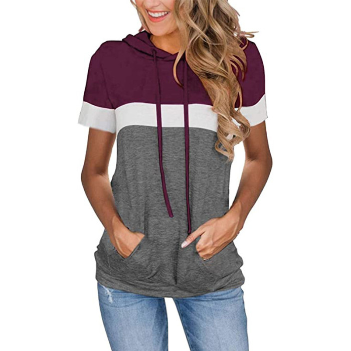 Spring And Summer Women's New Loose Casual Tops Stitching Hooded T-shirts