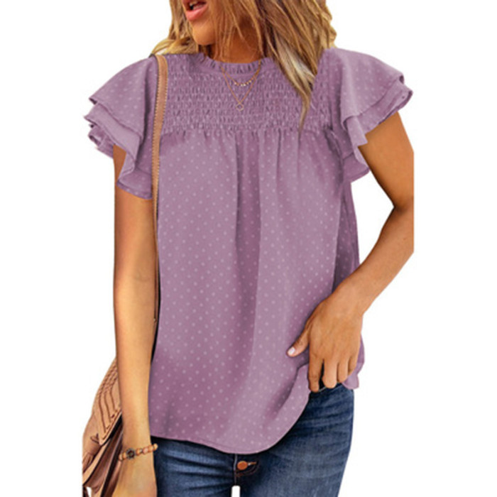 Women's Summer New Solid Color Chiffon Shirt Loose Round Neck Pullover Short-Sleeved Top T-shirt