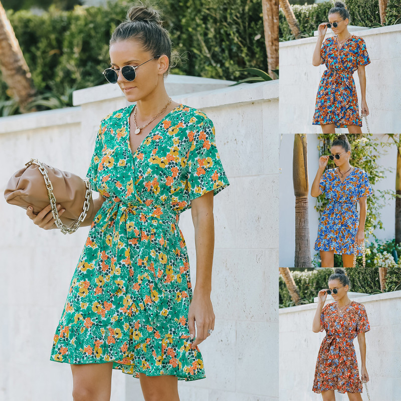 Women's Summer New Chiffon Short Sleeve Floral Mini Dress