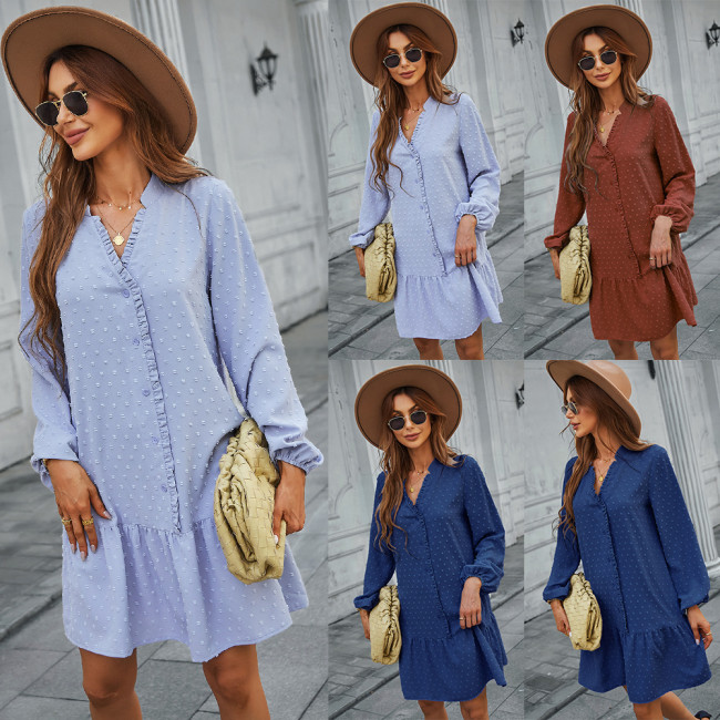 Long Sleeve Ruffle Solid Color A-Line Skirt Casual Resort Mini Dress