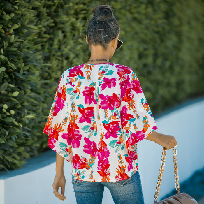 Spring and Summer Women's New Loose V-neck Floral Shirt