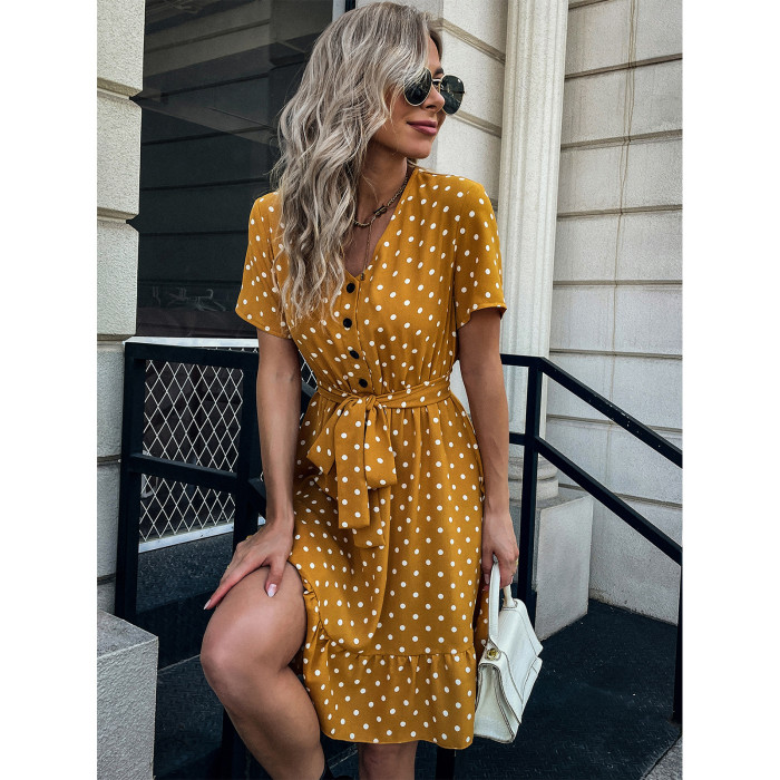Women's Summer and Spring New V-neck Short Dress Polka Dots Casual Dress