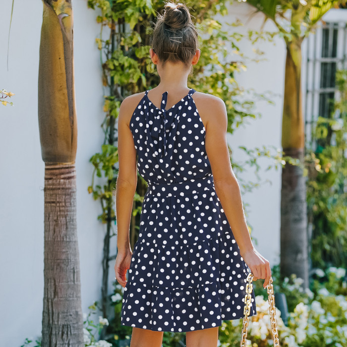 Women’s Summer Round Neck Sleeveless Chiffon Polka dots Casual Dress