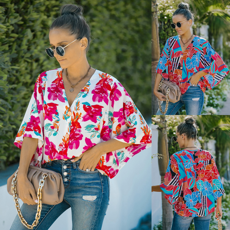 Spring and Summer Women's New Loose V-neck Floral Shirt
