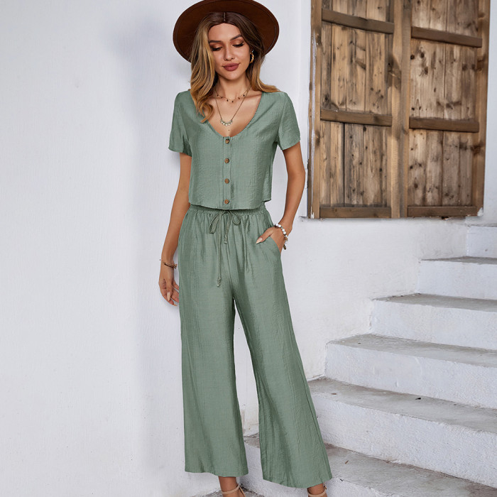 Summer Cropped Top Casual Vacation Wide Leg Pants Set