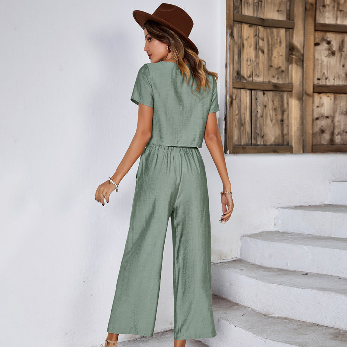 Summer Cropped Top Casual Vacation Wide Leg Pants Set