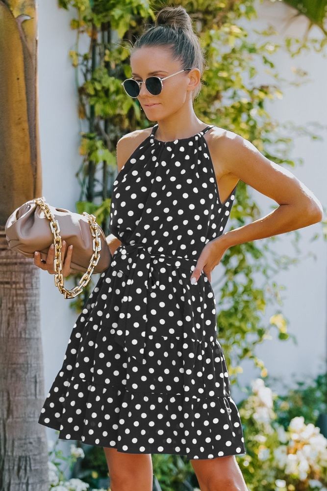 Women’s Summer Round Neck Sleeveless Chiffon Polka dots Casual Dress