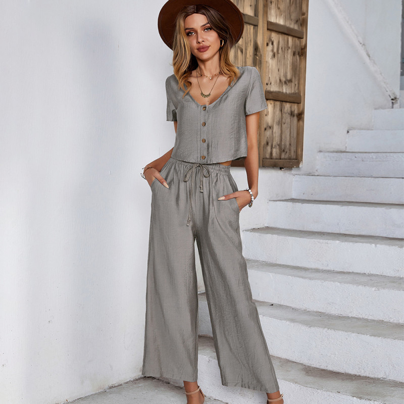 Summer Cropped Top Casual Vacation Wide Leg Pants Set