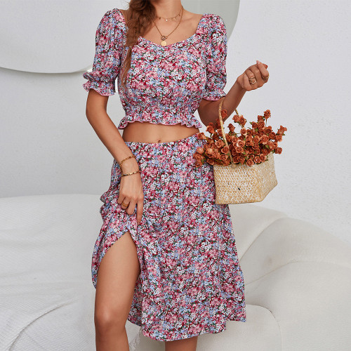Fashion Summer Print Top And Skirt Set Vacation Dresses