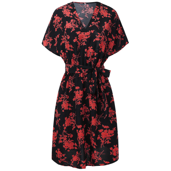 Spring and Summer Fashion New Floral Dress Women's Lace-up Mini Dress
