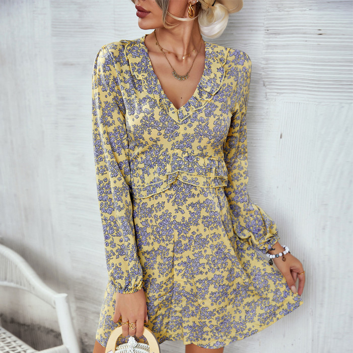 French Short Skirt V Neck Waist Pullover Print Floral Mini Dresses