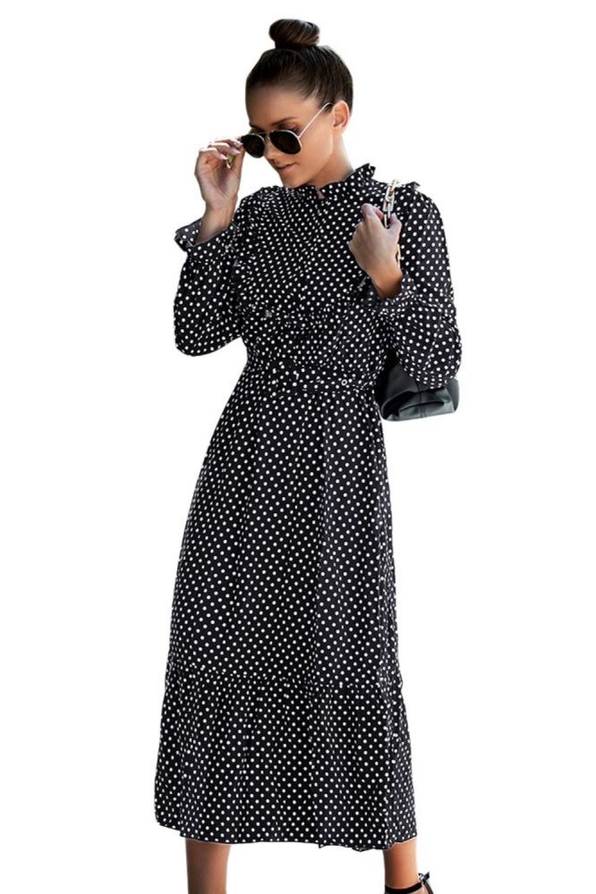 Spring And Summer New Women's Long-Sleeved fFashion Polka Dot  Maxi Dresses