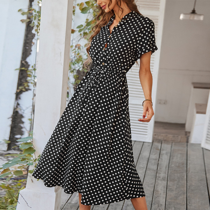 Versatile Shirt Collar Polka Dot Vacation Dresses