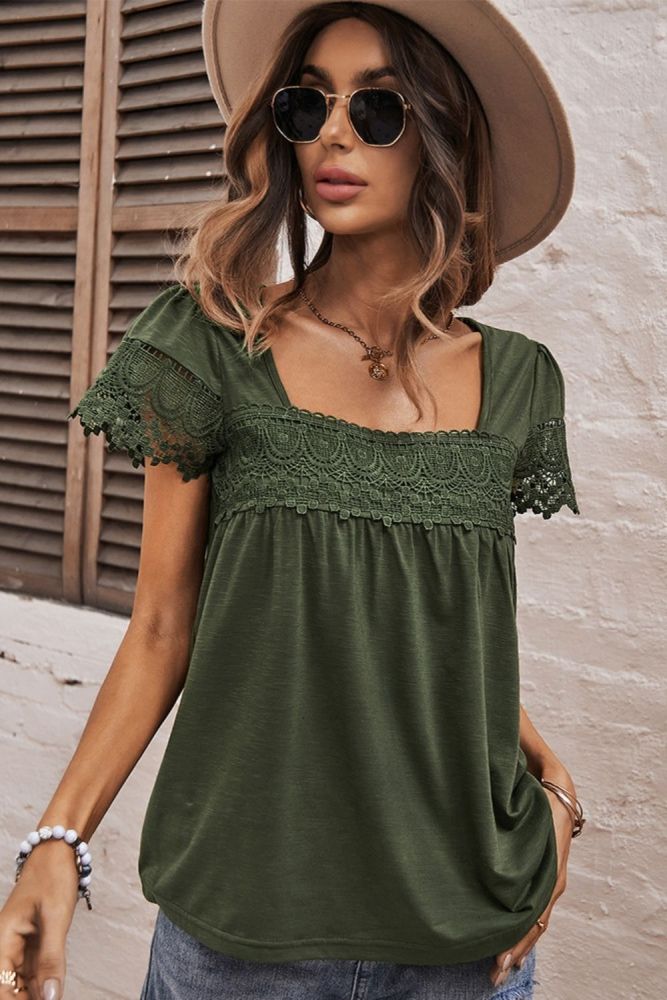 Short Sleeve Lace Panel French Square Neck T-shirts