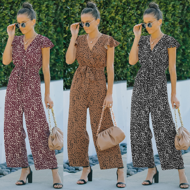 Spring and Summer New V-neck Floral Chiffon Jumpsuit