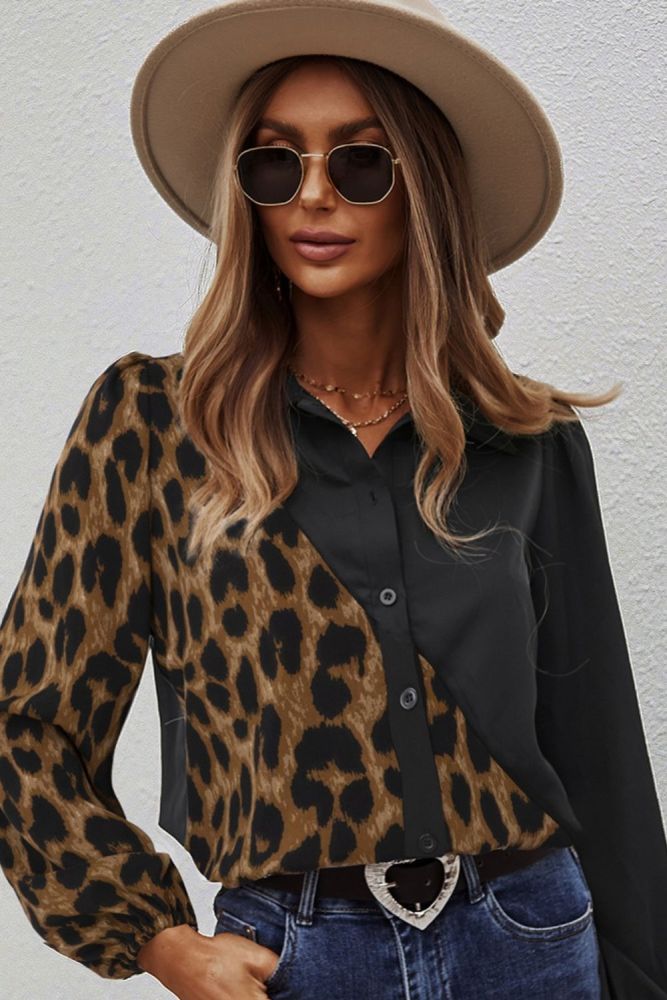 Spring And Summer New Women's Fashion Leopard Print Stitching Top Blouse