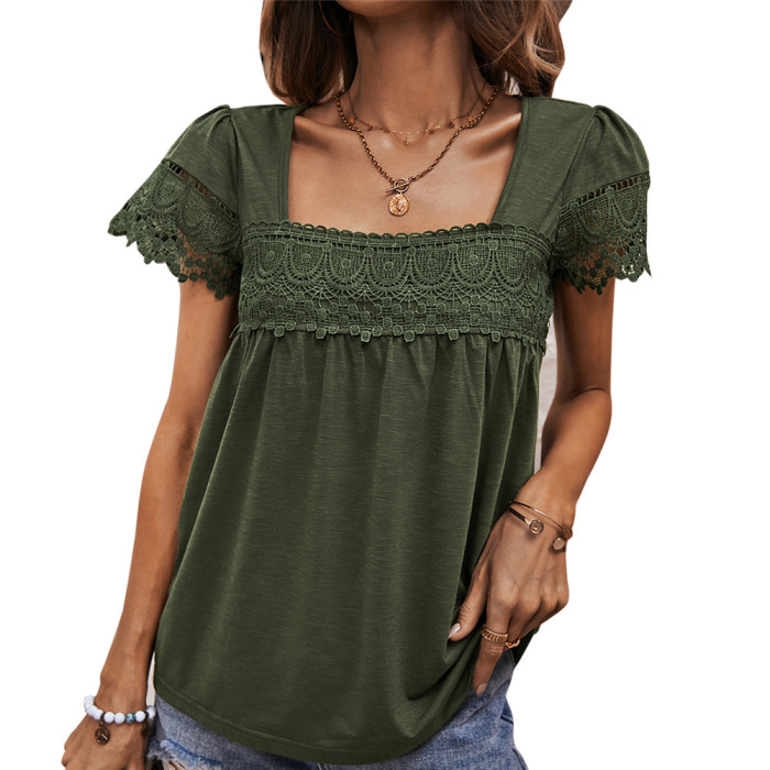 Short Sleeve Lace Panel French Square Neck T-shirts