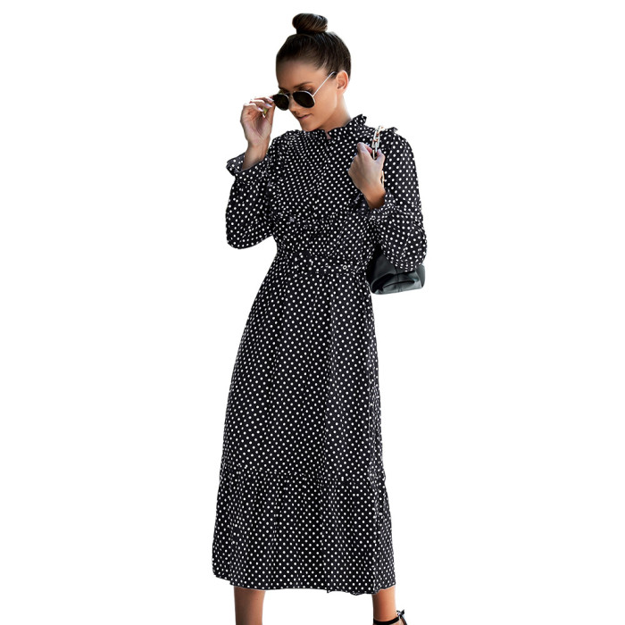Spring And Summer New Women's Long-Sleeved fFashion Polka Dot  Maxi Dresses