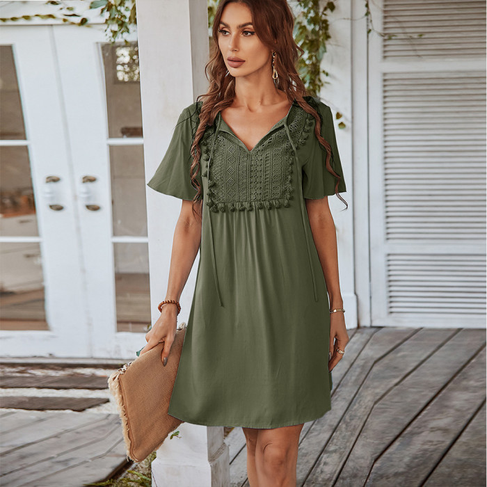 Spring And Summer New Women's Clothing Solid Color V-neck Sexy Casual Dress