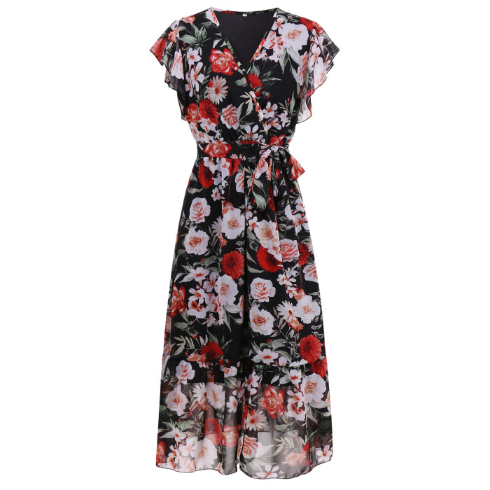 Spring and Summer New V-neck Floral Chiffon Vacation Dress