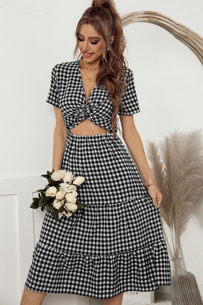 Spring and summer new women's hollow lattice V-neck  Vacation Dresses