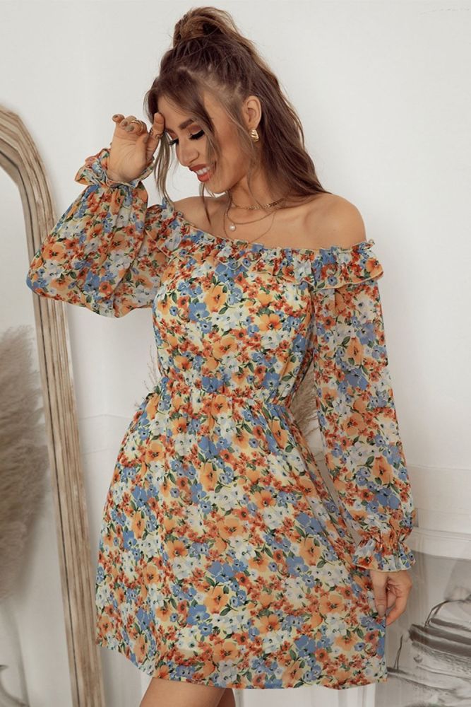 Spring And  Summer New Women's One-Shoulder Printed Chiffon Mini Dress