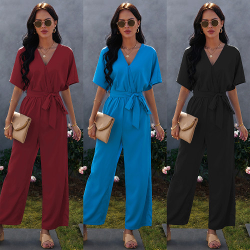 Spring and Summer New Fashion Lace Up Solid Loose Jumpsuit