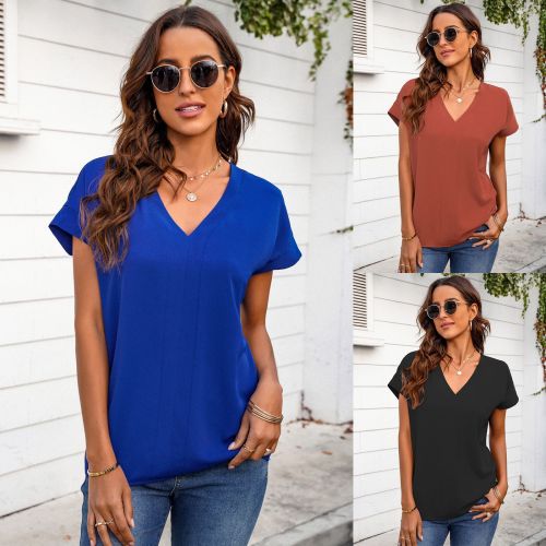 Spring and Summer Fashion New Solid V-neck T-shirt
