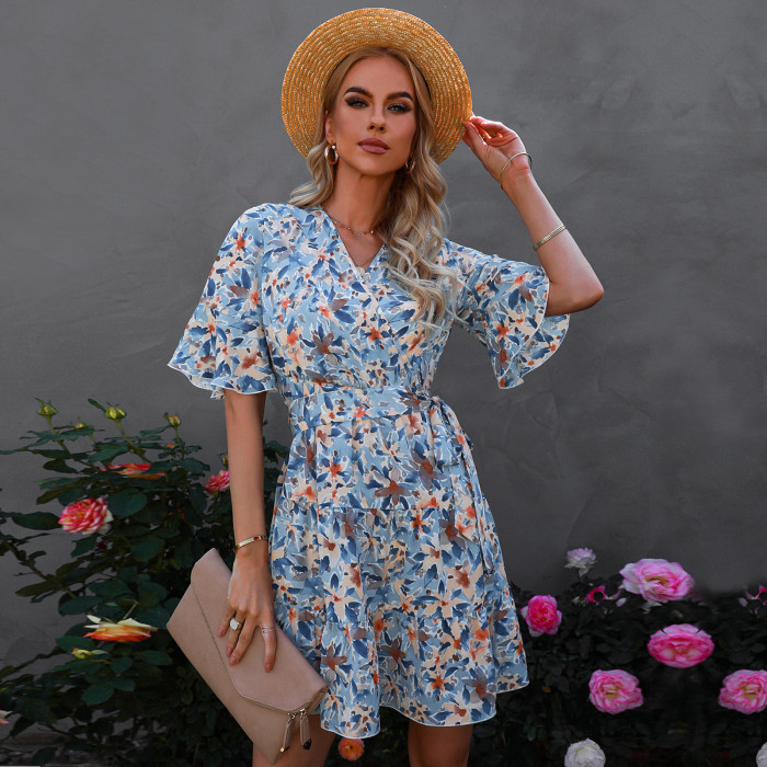 Spring and Summer New Women's V-neck Print Casual Dress