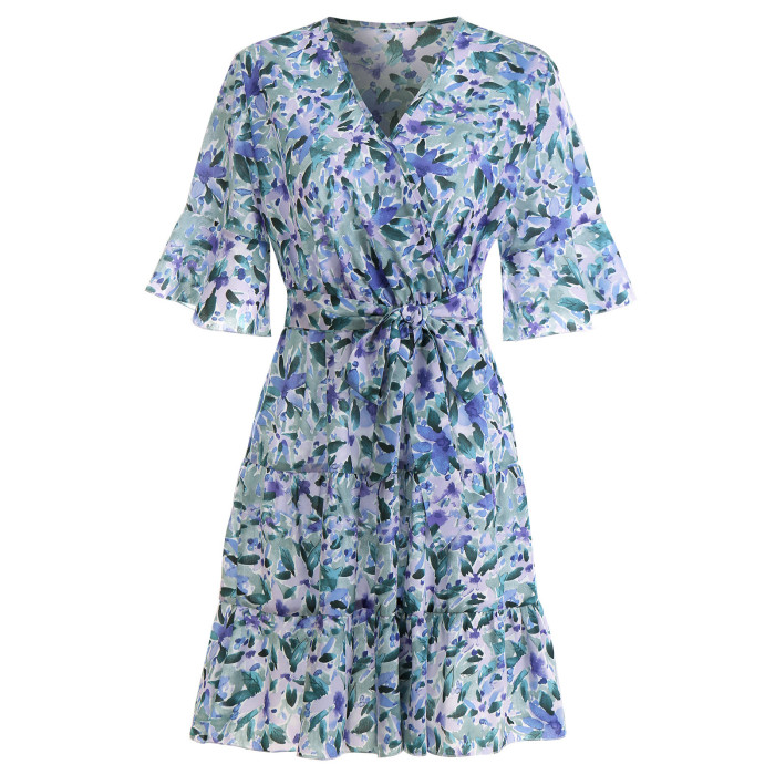 Spring and Summer New Women's V-neck Print Casual Dress