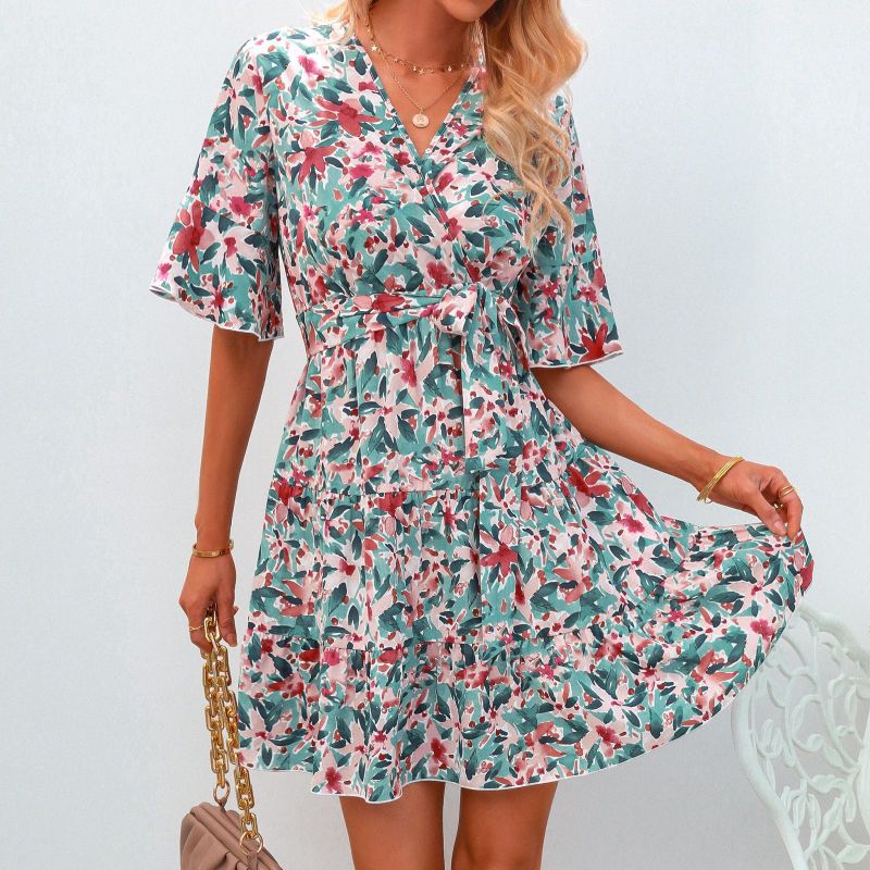 Spring and Summer New Women's V-neck Print Casual Dress