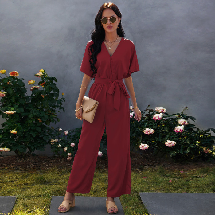 Spring and Summer New Fashion Lace Up Solid Loose Jumpsuit
