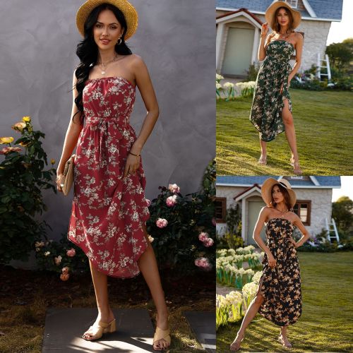 Spring and Summer New Wrapped Chest Backless Printed Vacation Dress