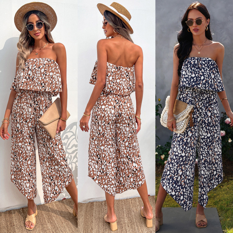 Spring and Summer New One Word Collar Loose Chiffon Floral Jumpsuit