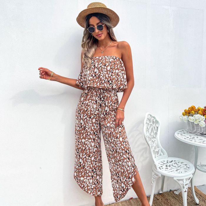 Spring and Summer New One Word Collar Loose Chiffon Floral Jumpsuit