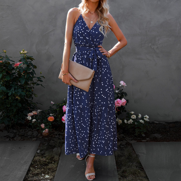 Women's Spring and Summer Fashion New V-neck Suspender Polka Dots Vacation Dress