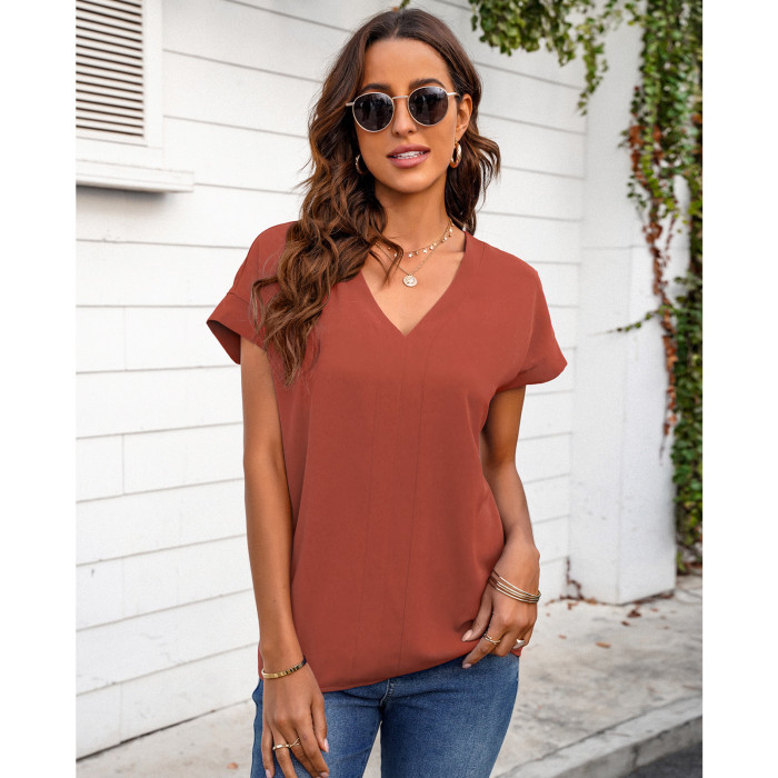 Spring and Summer Fashion New Solid V-neck T-shirt