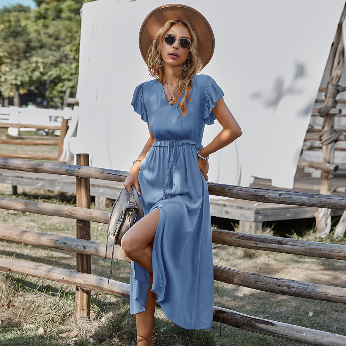 Fashionable New Women's V-neck Slit  Maxi Dresses