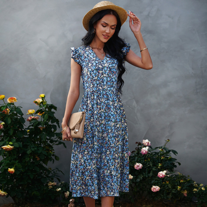 Fashionable New Temperament Women's V-neck Cotton Floral Vacation Dress