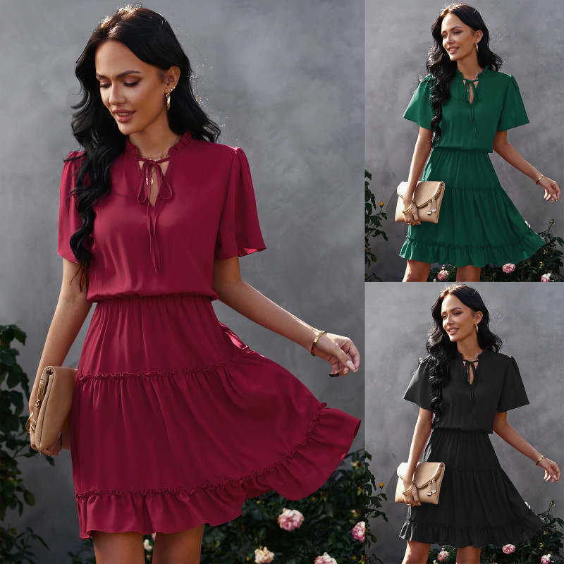 Summer Fashion New Solid Tie-up V-neck High Waist Ruffle Mini Dress