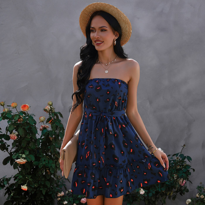 New Wrapped Chest Print Strapless Ruffle Dress