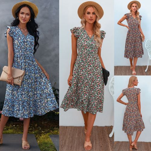 Fashionable New Temperament Women's V-neck Cotton Floral Vacation Dress